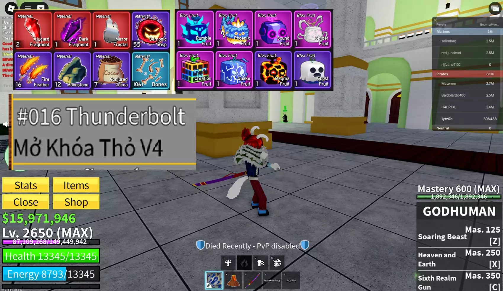 Tộc Thỏ V4 Full Gear + Godhuman + Trái Creation + Level 2650 max + 16 triệu Belli + Nhiều quà ngon