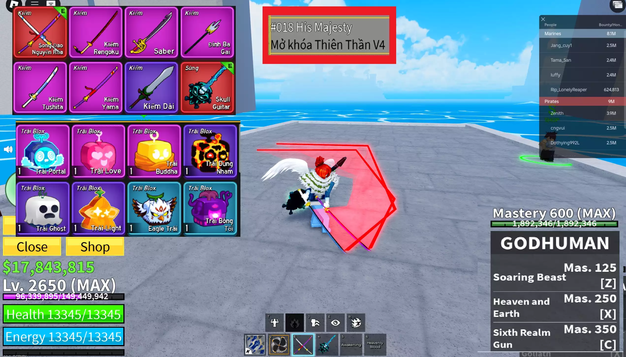 Tộc Thiên Thần V4 Full Gear + Song Đao Nguyền Rủa + Đàn Skull Guitar + Godhuman + Trái Portal, Phật Tổ + 17.8m Belli + Level max 2650