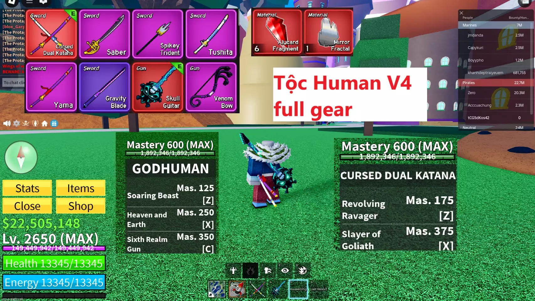 Tộc Human V4 full gear + Song Đao Nguyền Rủa Full chiêu thông thạo + Đàn Skull Guitar + Godhuman + 22 triệu Belli + Level Max 2650