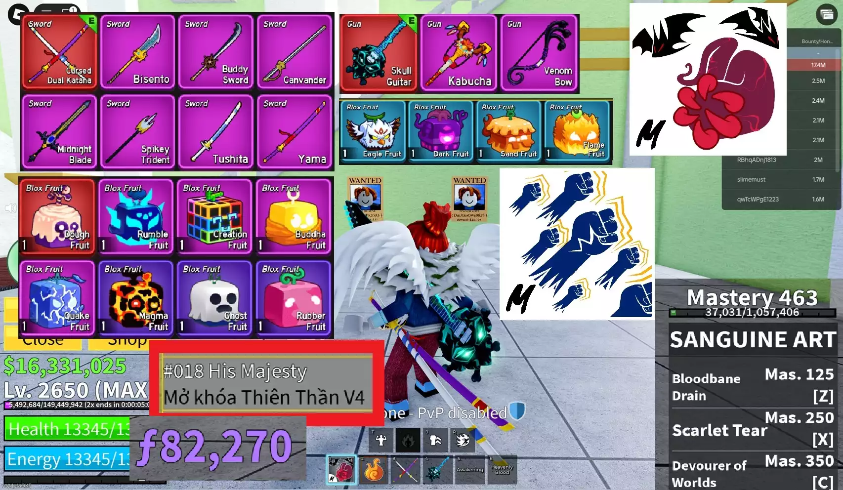 Tộc Thiên Thần V4 Full Gear + Võ mới Sanguine Huyết Quỷ, Godhuman + Trái Mochi, Creation, Phật Tổ + Song Kiếm Nguyền Rủa, đàn Skull Guitar + 82 nghìn F, 16 triệu belli + Level max 2650