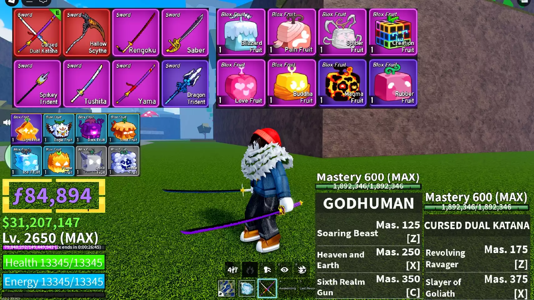 Tộc Người V4 Full Gear + Song Đao Nguyền Rủa full chiêu thông thạo, Lưỡi Hái Tử Thần + Godhuman + Trái Creation, Phật Tổ + 31 triệu Belli, 84 nghìn F + Level max 2650