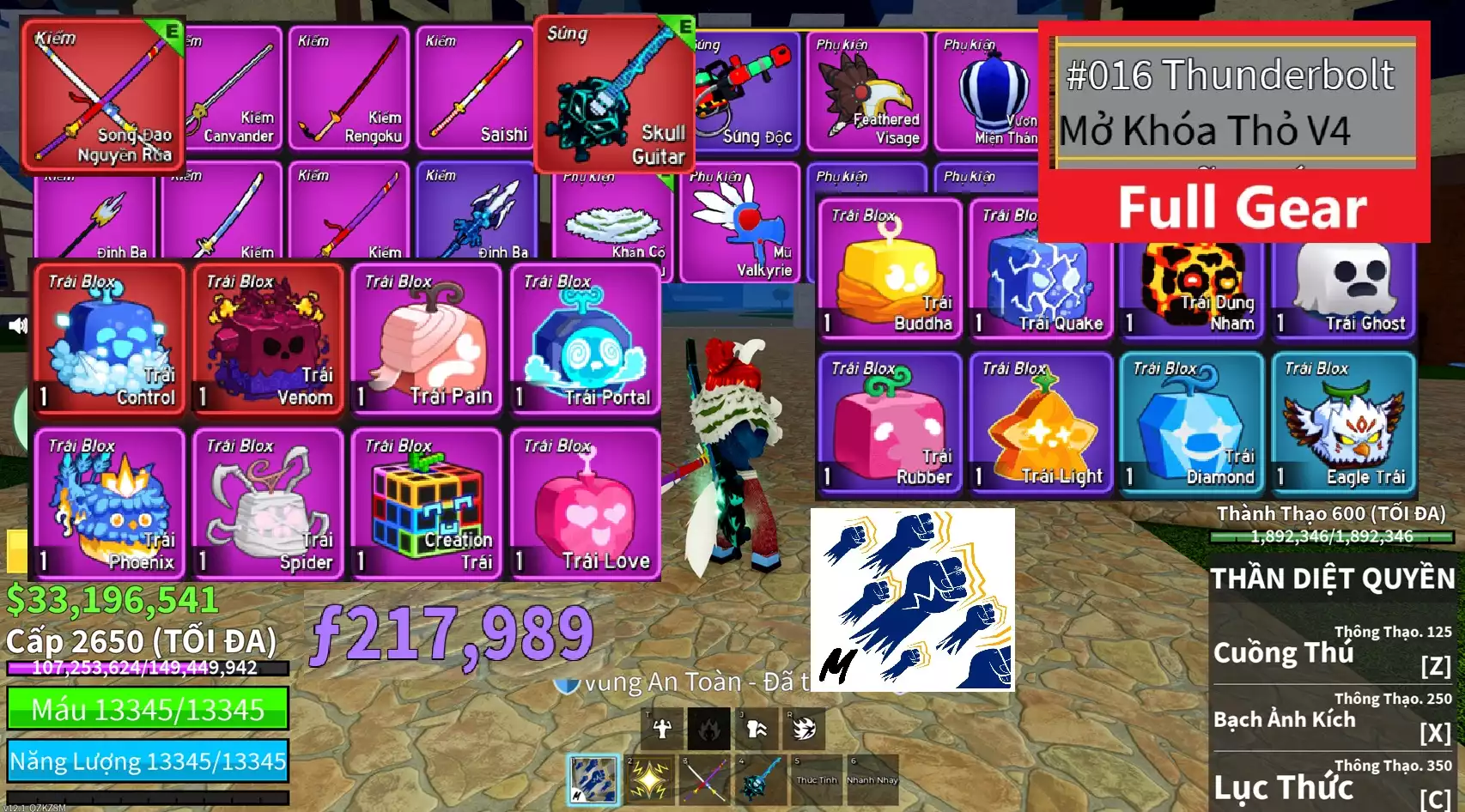Tộc Thỏ V4 full Gear + Trái Control, Venom, hiếm Portal, Creation, Phật Tổ + Song Đao Nguyền Rủa, đàn Skull Guitar + Godhuman + 33 triệu Belli, 217 nghìn F cực khủng + Level 2650 max