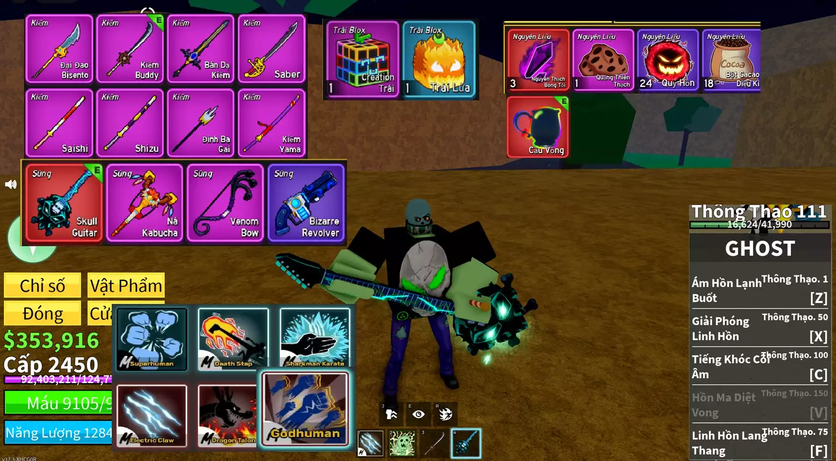Godhuman + Đàn Skull Guitar + Trái Creation + Skin cầu vồng + Level 2450