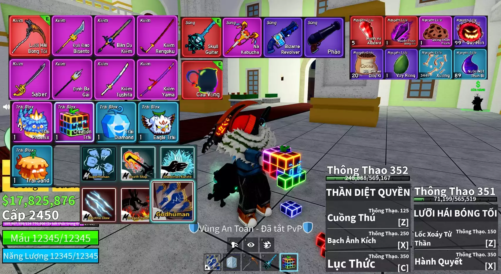 Godhuman full chiêu (nhiều võ) + Lưỡi Hái Bóng Tối full chiêu + Đàn Skull Guitar + Trái Creation + Level 2450 + 17.8 triệu belli, nhiều F