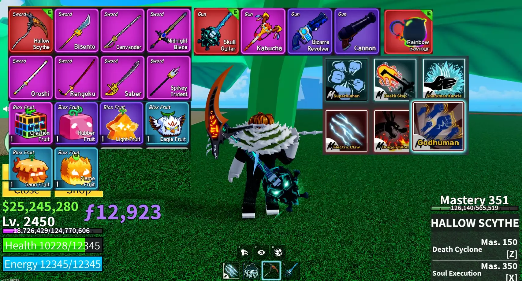 Godhuman + Lưỡi Hái Bóng Tối full chiêu, đàn Skull Guitar + Trái Creation + Skin Cầu Vồng + 25 triệu Belli
