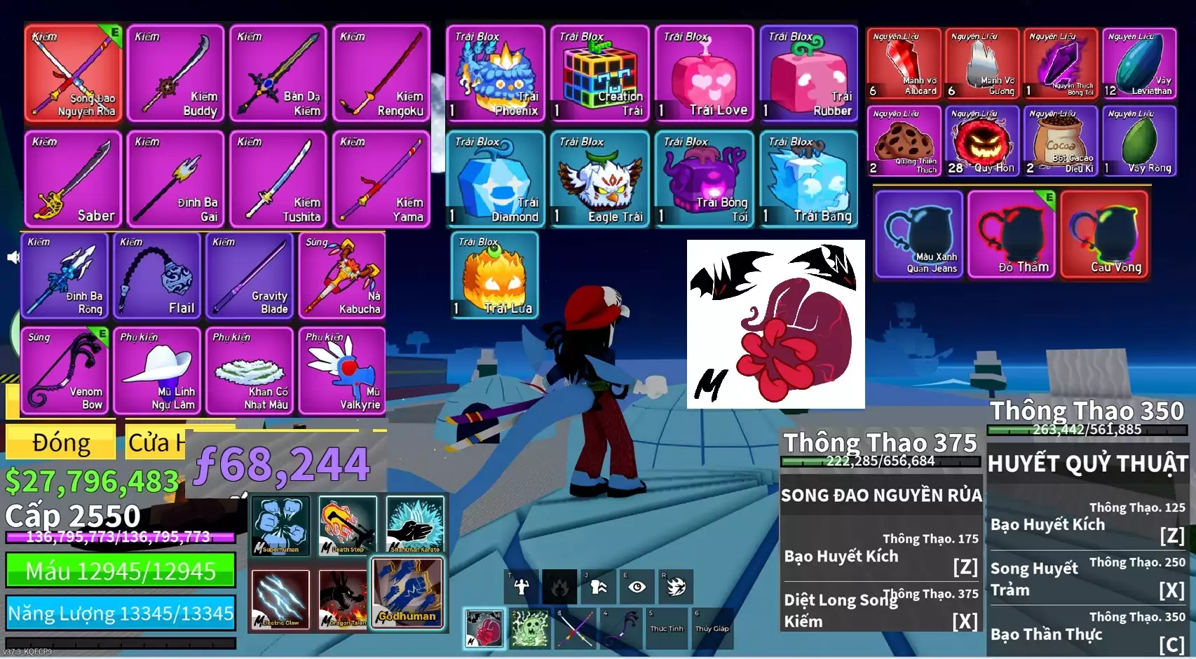 Tộc Cá V4 Full Gear + Võ Huyết Quỷ Thuật full chiêu thông thạo, Godhuman + Song Đao Nguyền Rủa full chiêu thông thạo + Trái Creation + 3 skin có Haki 7 màu + 27 triệu Belli + 68k Belli