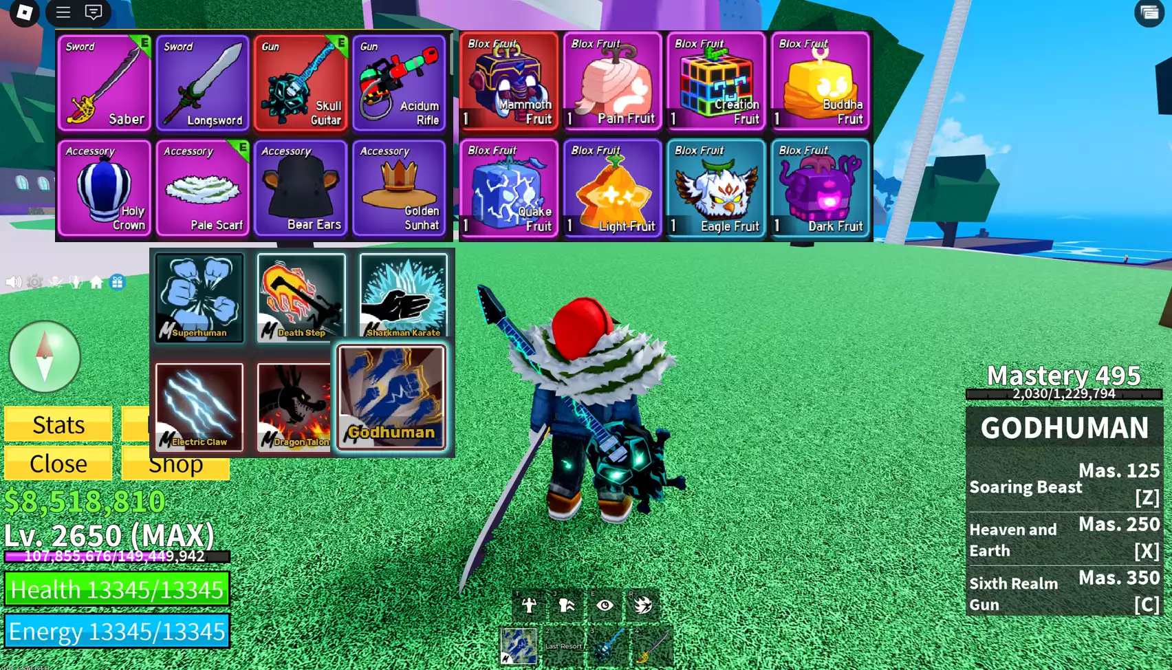 Godhuman full chiêu, nhiều võ + Level max 2650 + Skull Guitar + Trái Ma Mút, Phật Tổ, Creation + Tộc Người V3
