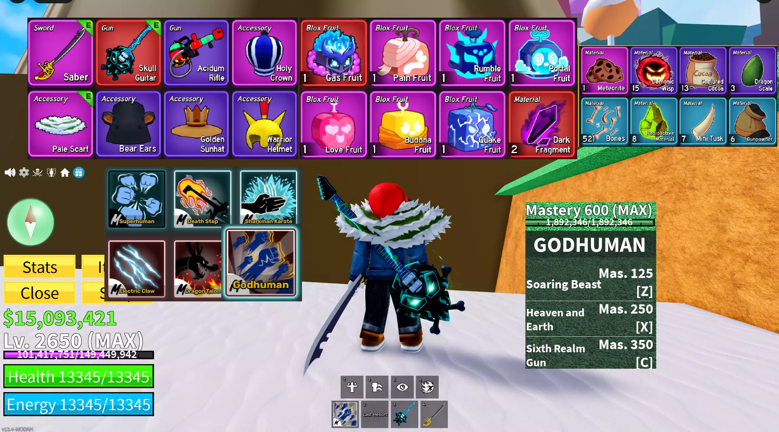 Godhuman full chiêu thông thạo, nhiều võ + Trái Gas, Portal, Phật Tổ + Đàn Skull Guitar + Mảnh đỏ + Level max 2650 + 15 triệu beli, nhiều F + Nhiều quà
