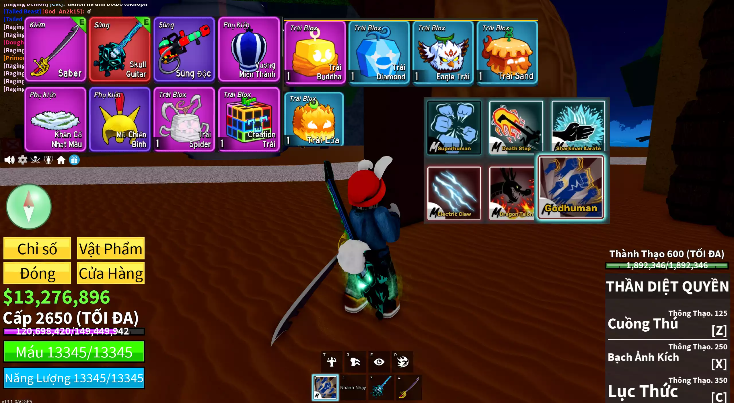 Godhuman full chiêu thông thạo + Level max 2650 + Đàn Skull Guitar + Trái Phật Tổ, Creation, Spider + 12 triệu Beli + Tộc Thỏ v3
