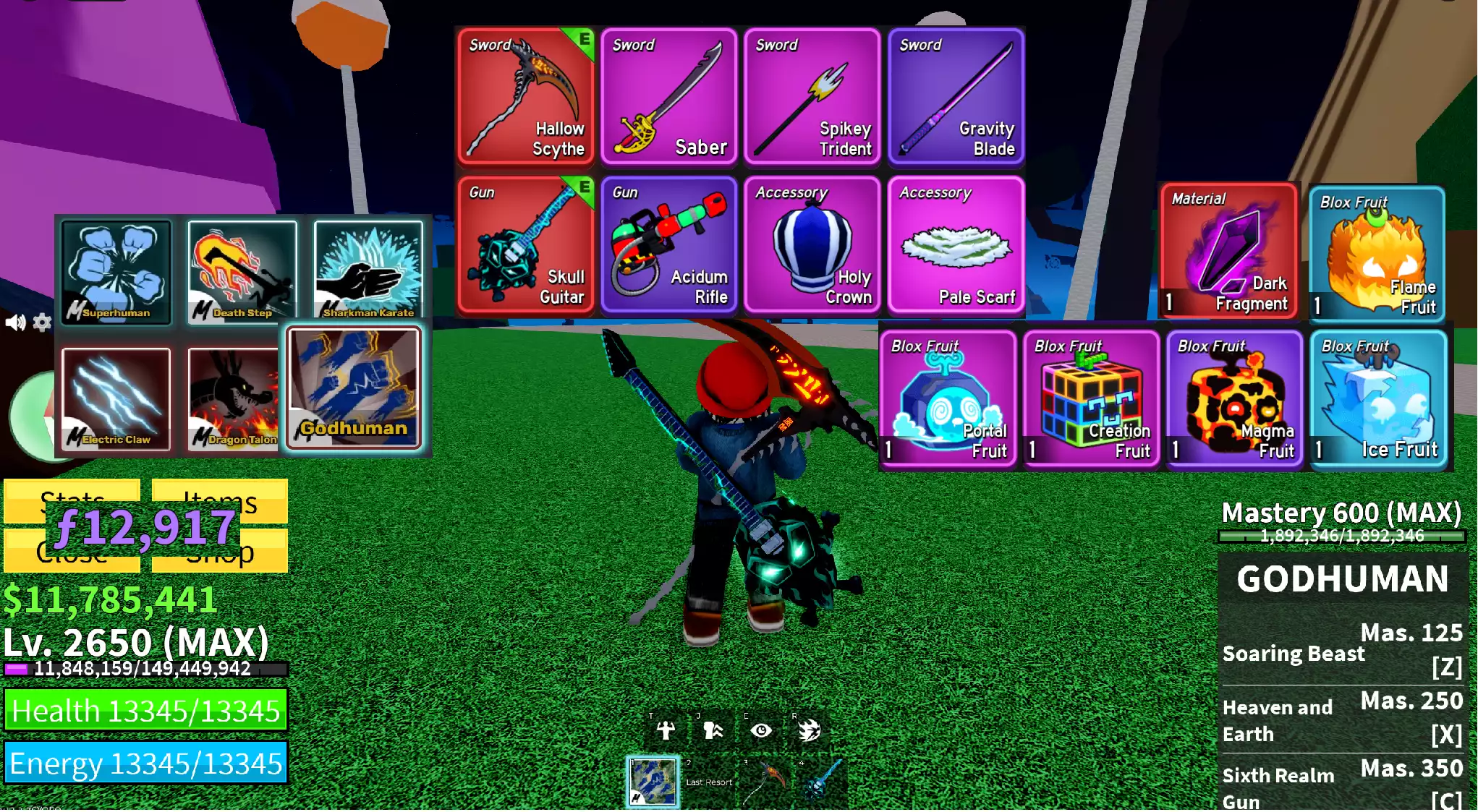 Godhuman full chiêu thông thạo + Level max 2650 + Đàn Skull Guitar, Lưỡi Hái Tử Thần + Trái Protal, Creation + 11 triệu beli + tộc Người V3