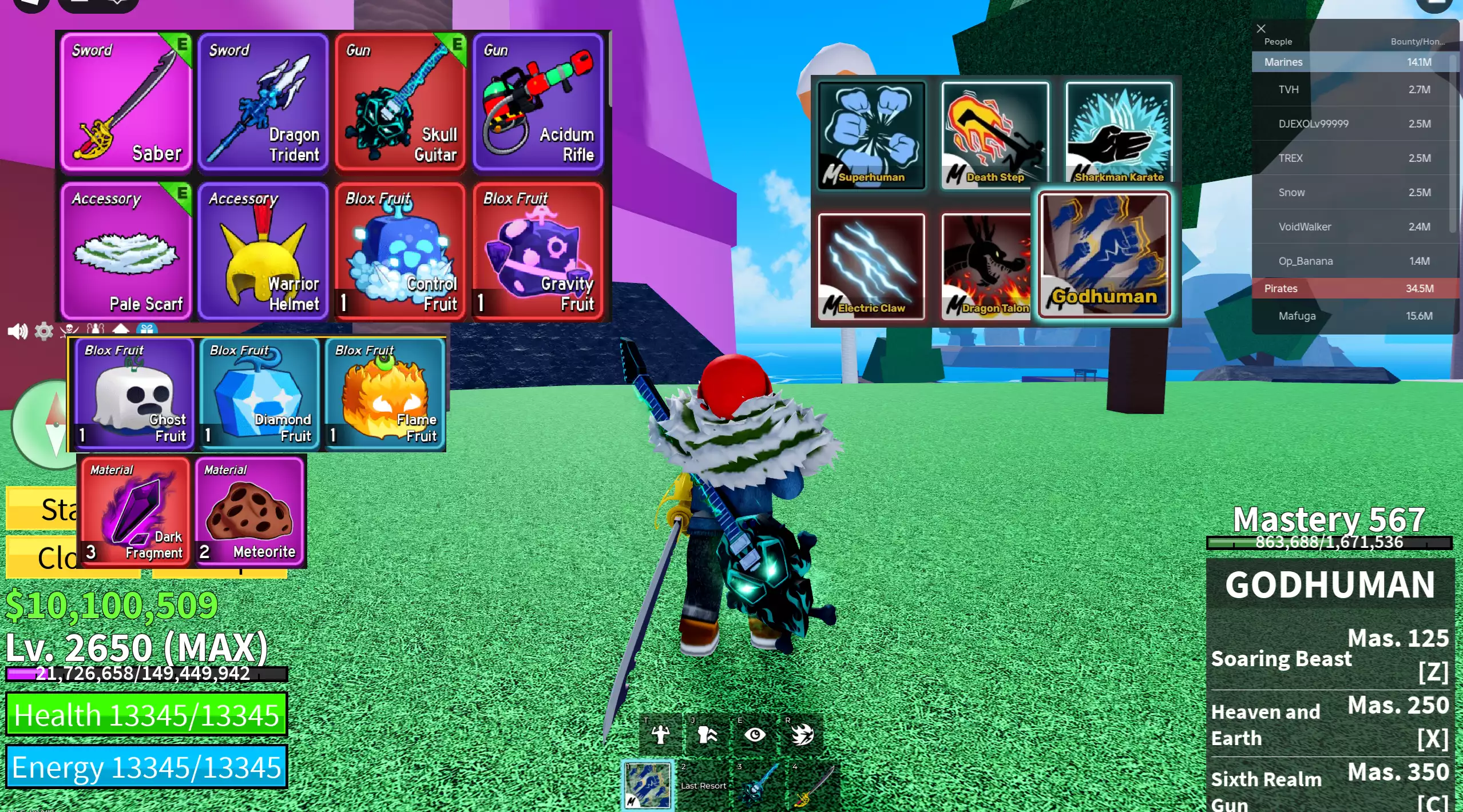 Godhuman full chiêu, nhiều võ + Trái Gravity, Control + Đàn Skull Gutar Level max 26650 + mảnh đỏ
