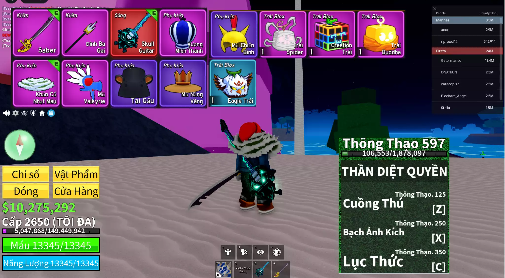Godhuman full chiêu max thông thạo (chỉ thiếu 3 điểm) + Đàn Skull Guitar + Trái Phật Tổ, Creation + 10 triệu Beli + Level max 2650 + Human v3