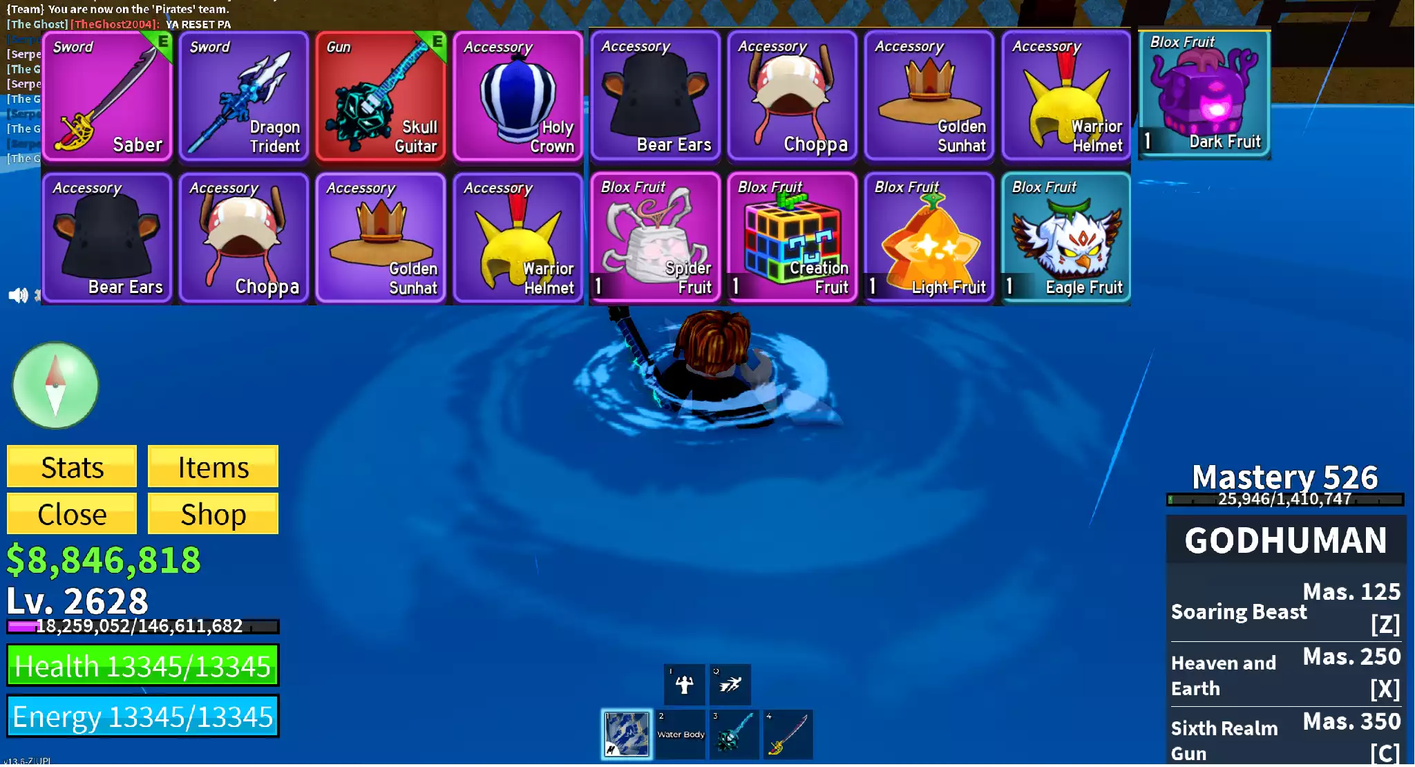 Godhuman full chiêu gần full thông thạo, nhiều võ + tộc Cá V3 + Level gần max + Đàn Skull Guitar + Trái Creation, Spider + 8.8 triệu beli