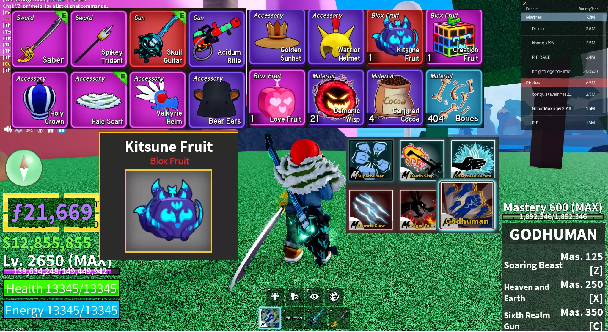 Trái KITSUNE, Creation + Godhuman full chiêu thông thạo, nhiều võ + Đàn Skull Guitar + 12.8 triệu Belli, 21k F + Level max 2650 + tộc Human v3