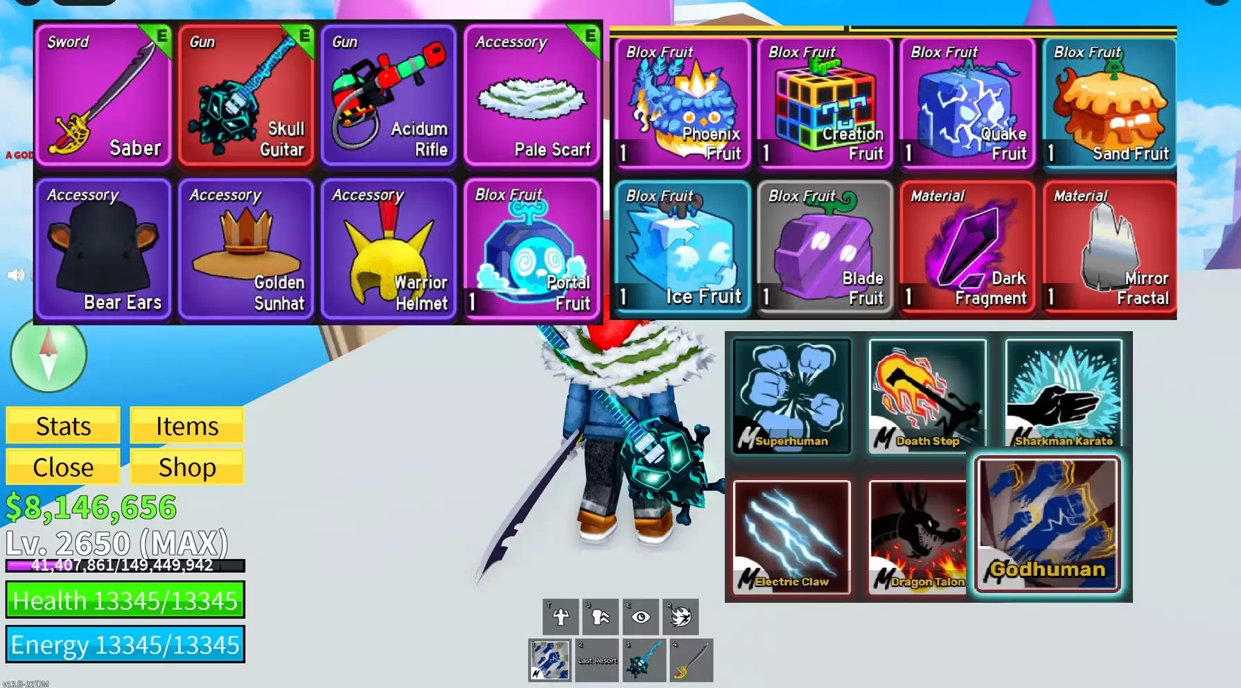 Godhuman full chiêu thông thạo, nhiều võ + Đàn Skull Guitar + Trái Portal + 8.1 triệu beli + Level max 2650