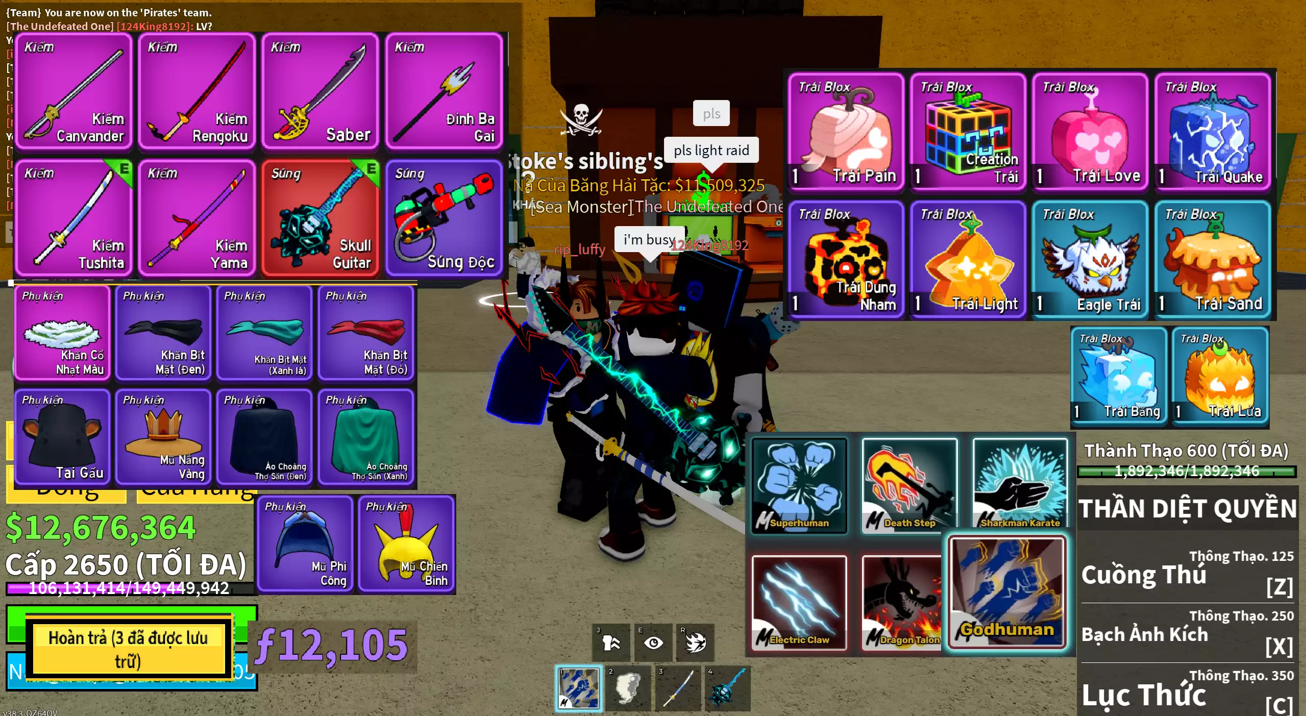 Godhuman full chiêu thông thạo, nhiều võ + Level max 2650 + Đàn Skull Guitar + Trái Creation với 3 trái tím + 7 đồ tím + 12.6 triệu beli, 12k F