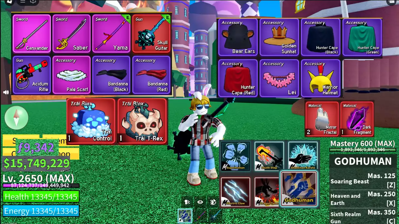 Godhuman full chiêu thông thạo, nhiều võ + Đàn Skull Guitar, 4 đồ tím  + Trái T-Rex, Conntrol + Level max 2650, 15 triệu beli + Mảnh đỏ