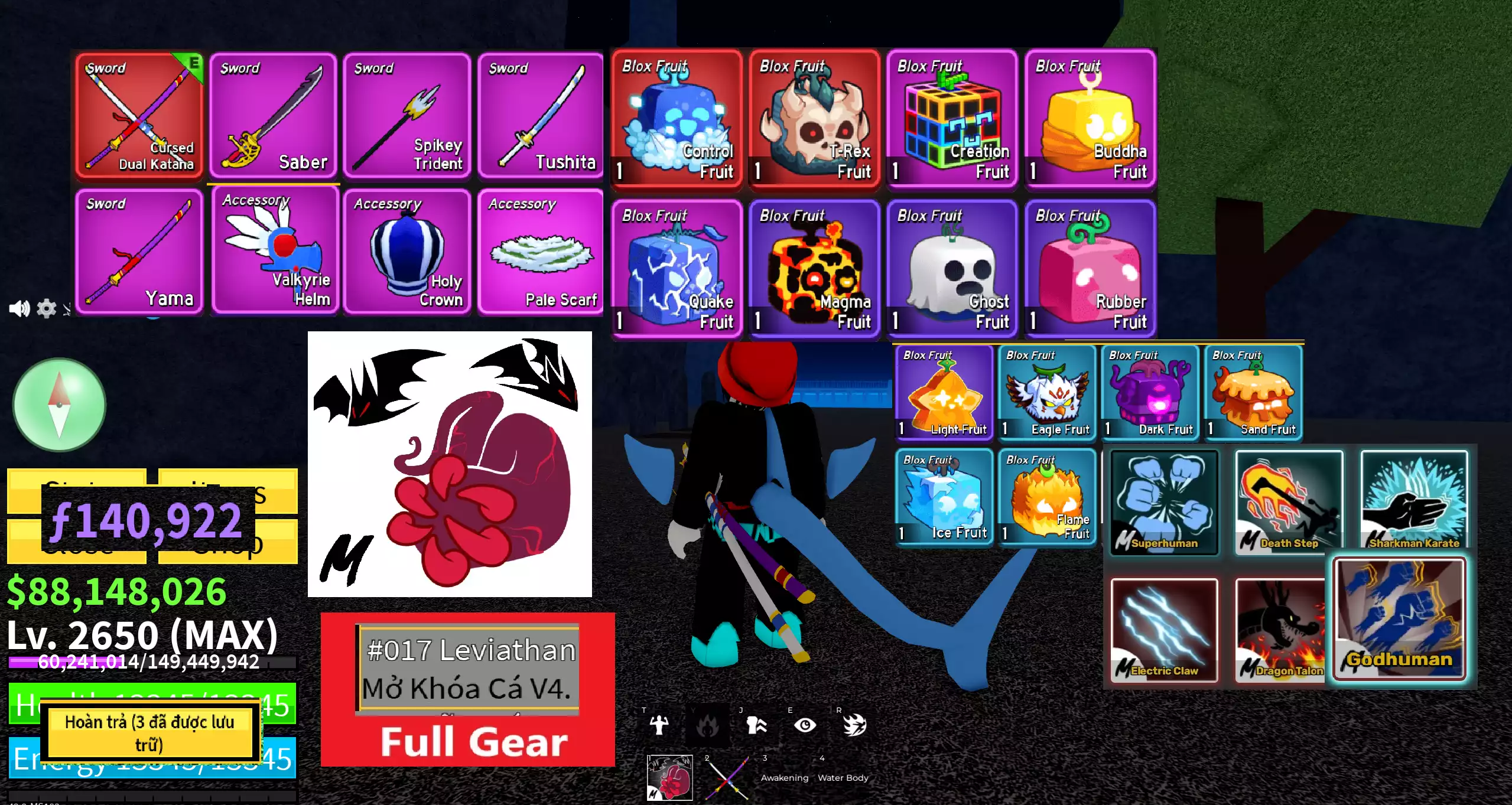 Tộc Người Cá V4 Full Gear, Võ mới Sanguine Huyết Quỷ , Godhuman và nhiều võ + Điểm F và Beli cực khủng, Các thứ khác như ảnh