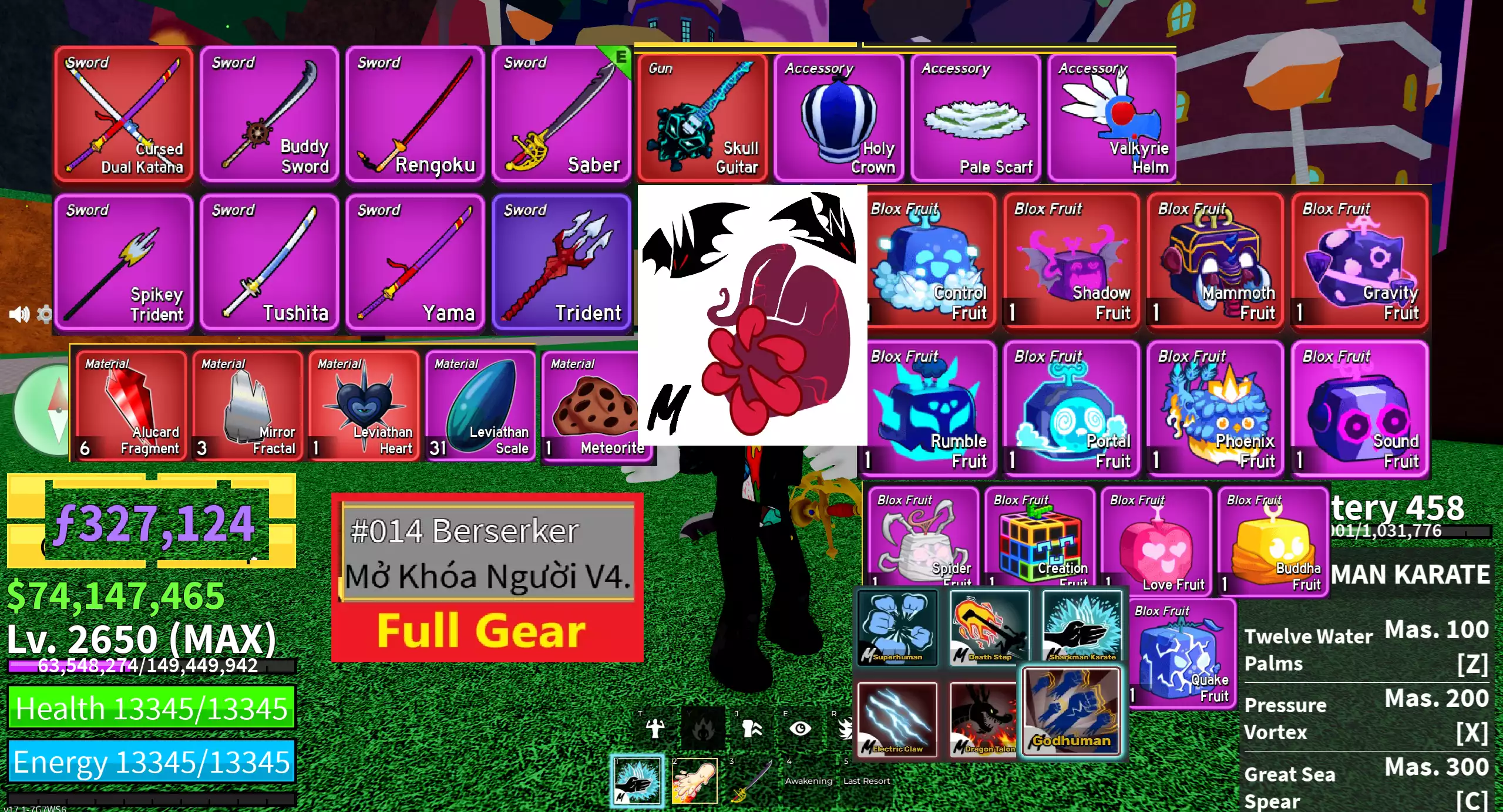 Tộc Human V4 full gear + Võ Huyết Quỷ Sanguine,  Godhuman full chiêu thông thạo, nhiều võ + Song Đao Nguyền Rủa, Đàn Skull Guitar + Level max 2650 + Trái Gravity, Ma Mút, Control, Shadow, Mochi đang ăn, Portal, Phật Tổ, Creation, tổng 5 trái đỏ và 9 trái tím + Mảnh đỏ, Tim Leviathan + 74 triệu beli, 327 ngàn F siêu khủng