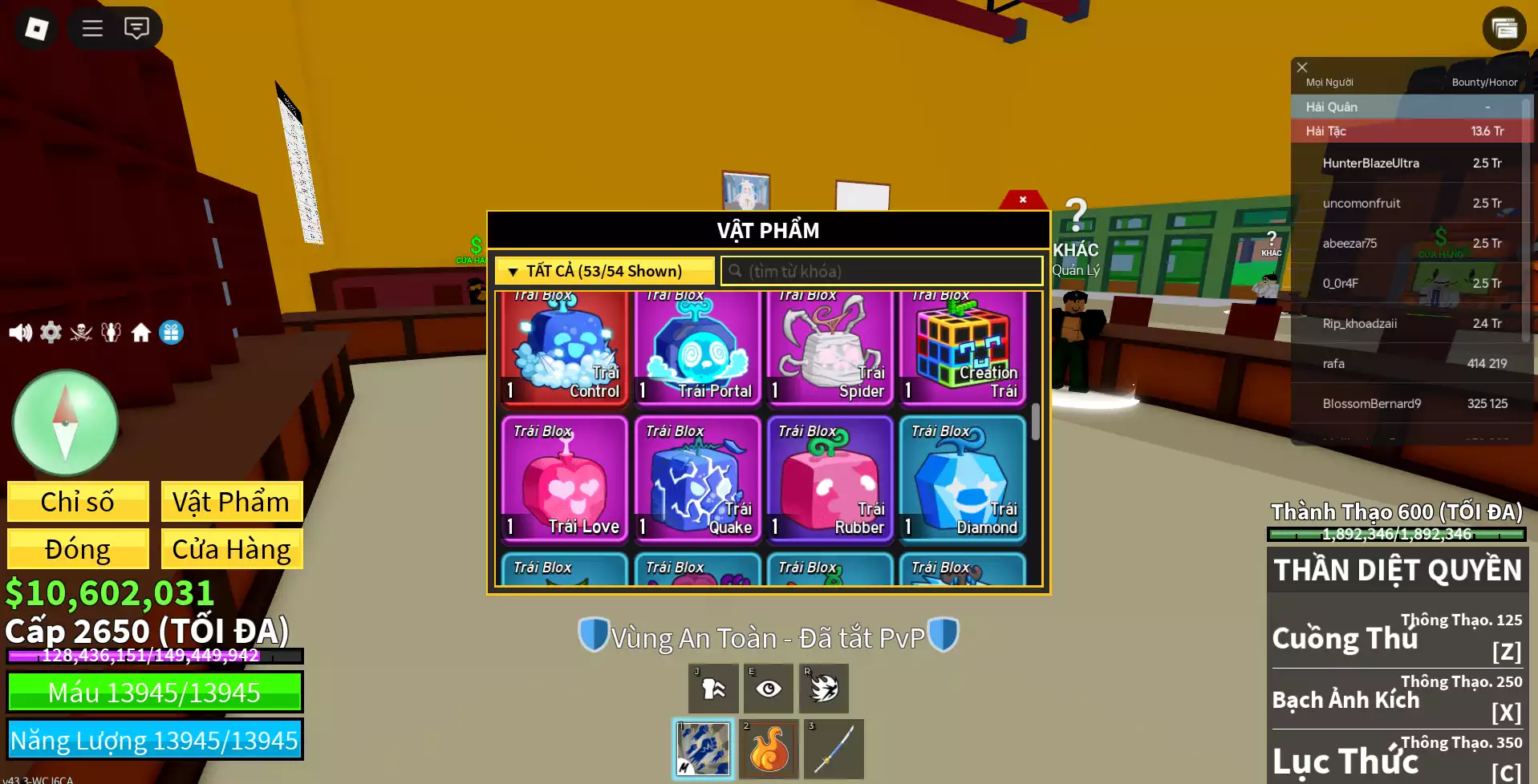 Godhuman + Max level(2650) + 1 Trái đỏ + Hơn 10M Beli