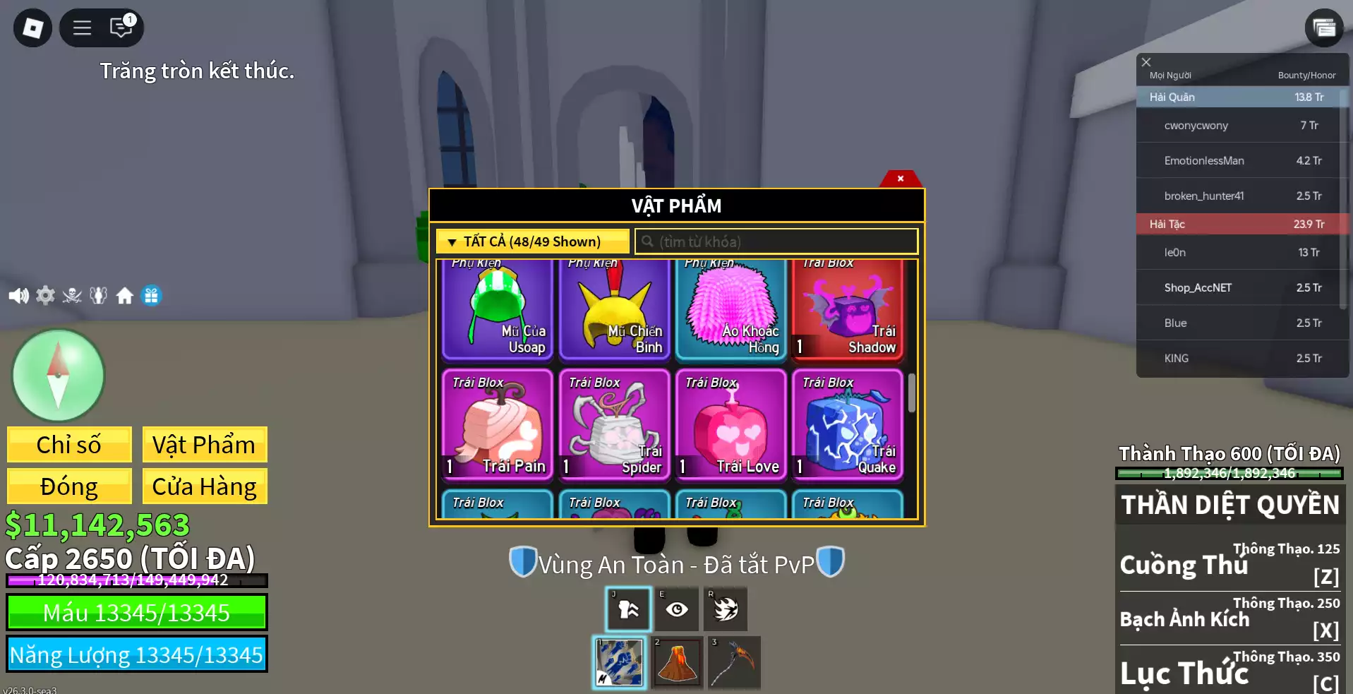Acc đang ăn Magma + Godhuman + Lưỡi Hái Bóng Tối + Maxlevel (2650))