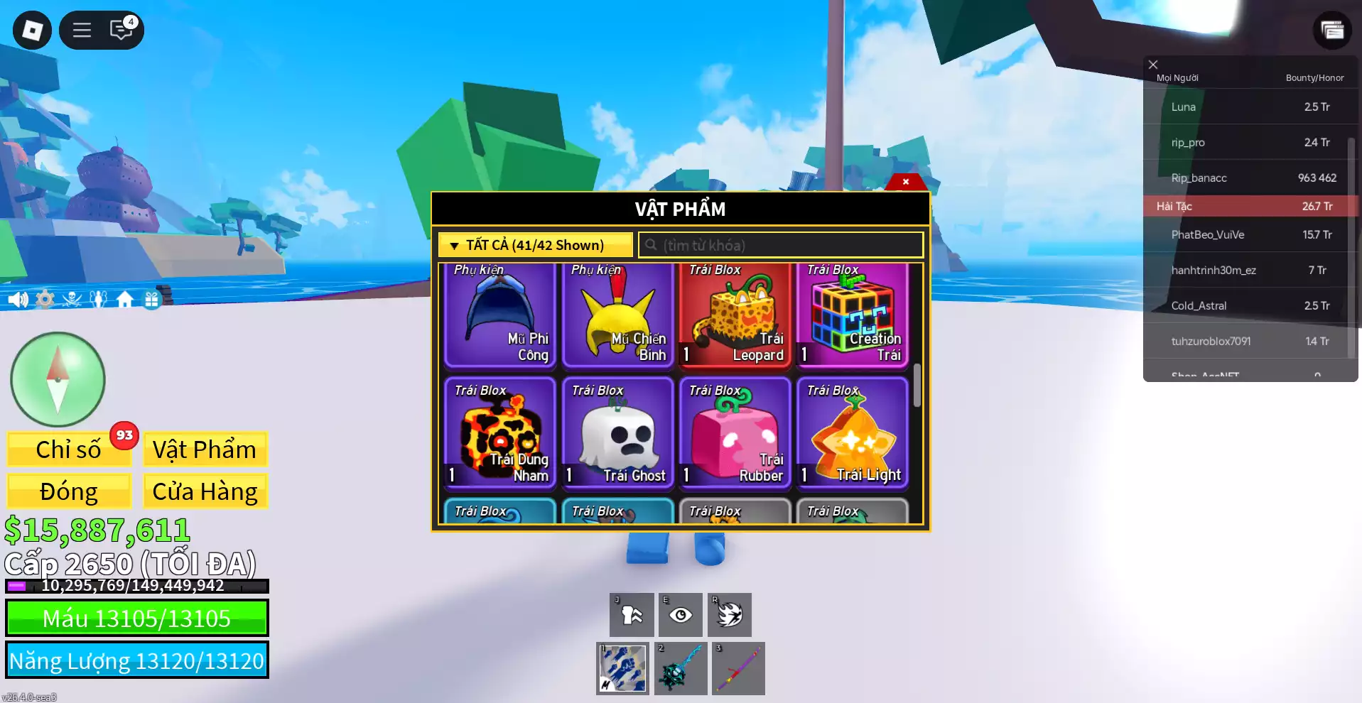 Godhuman + SG + Max level + Leopard rương + Hơn 15M Beli
